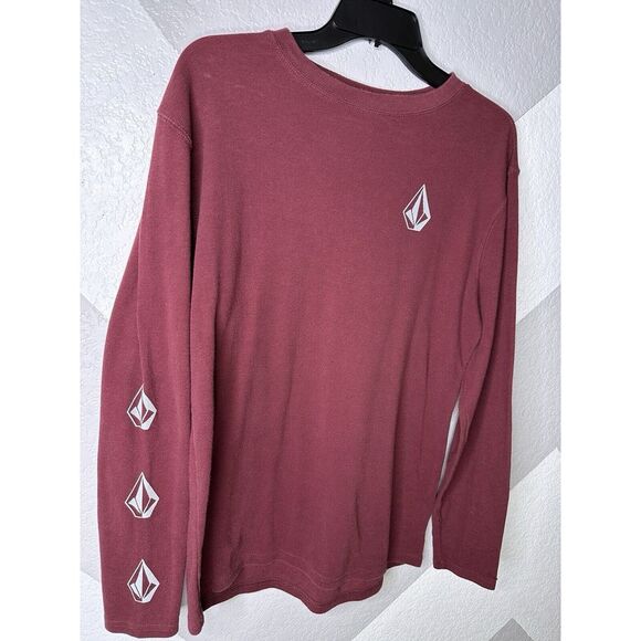 Volcom Size L Mens Sweater Crew Neck Long Sleeve Casual Thermal Waffle Burgundy - Picture 2 of 10